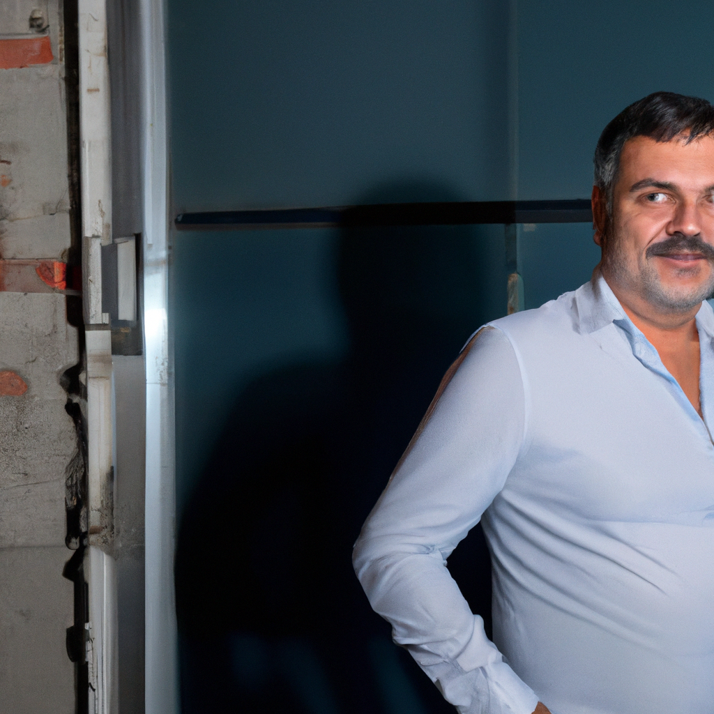 Ritratto CEO cantiere navale italiano, uomo in ufficio, look smart casual